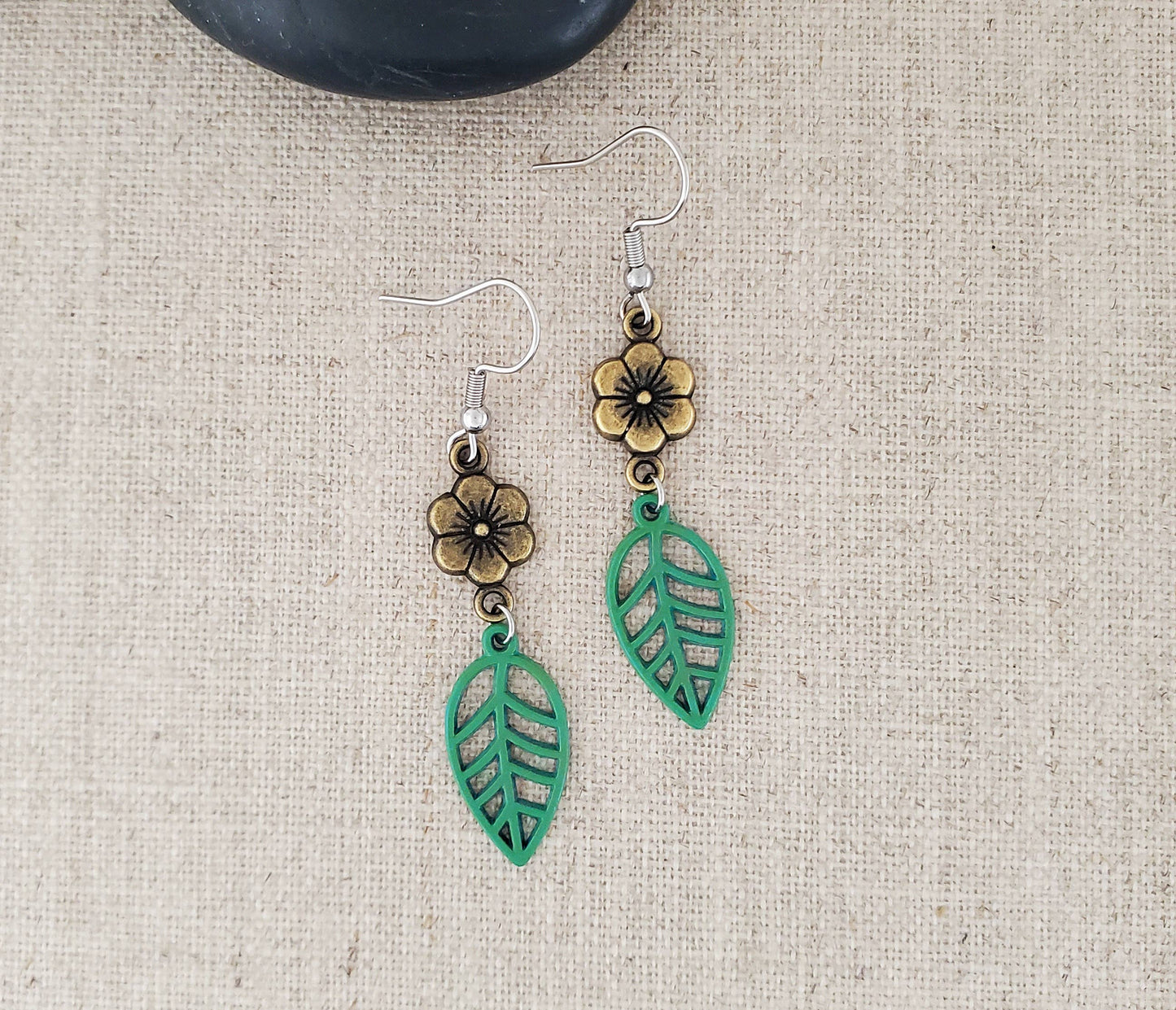 Patina Flower & Leaf Stainless Earring