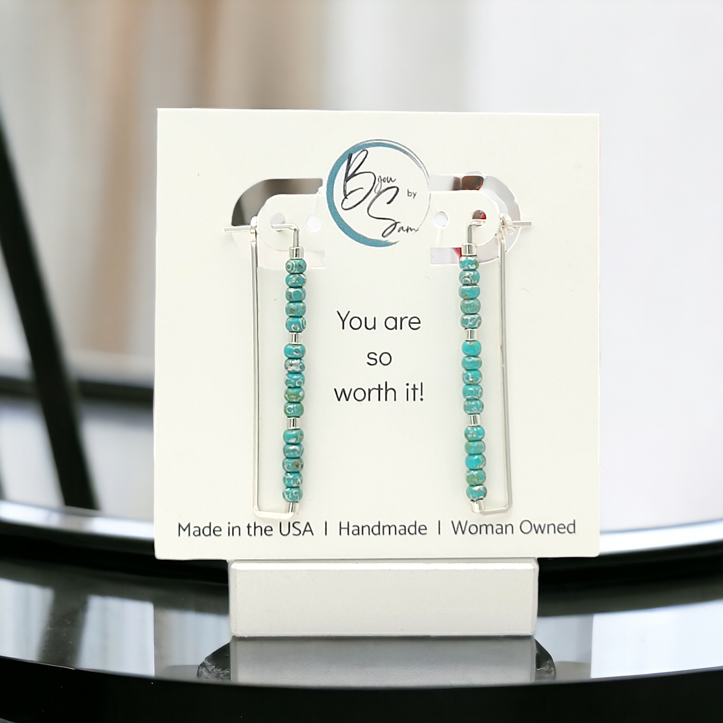 Silver Rectangle Earrings with Turquoise Seed Beads