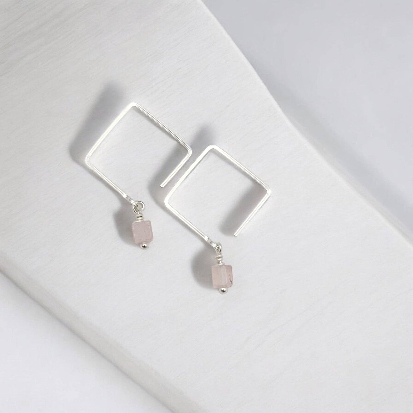 Modern Geometric Square Threader Earrings with Rose Quartz