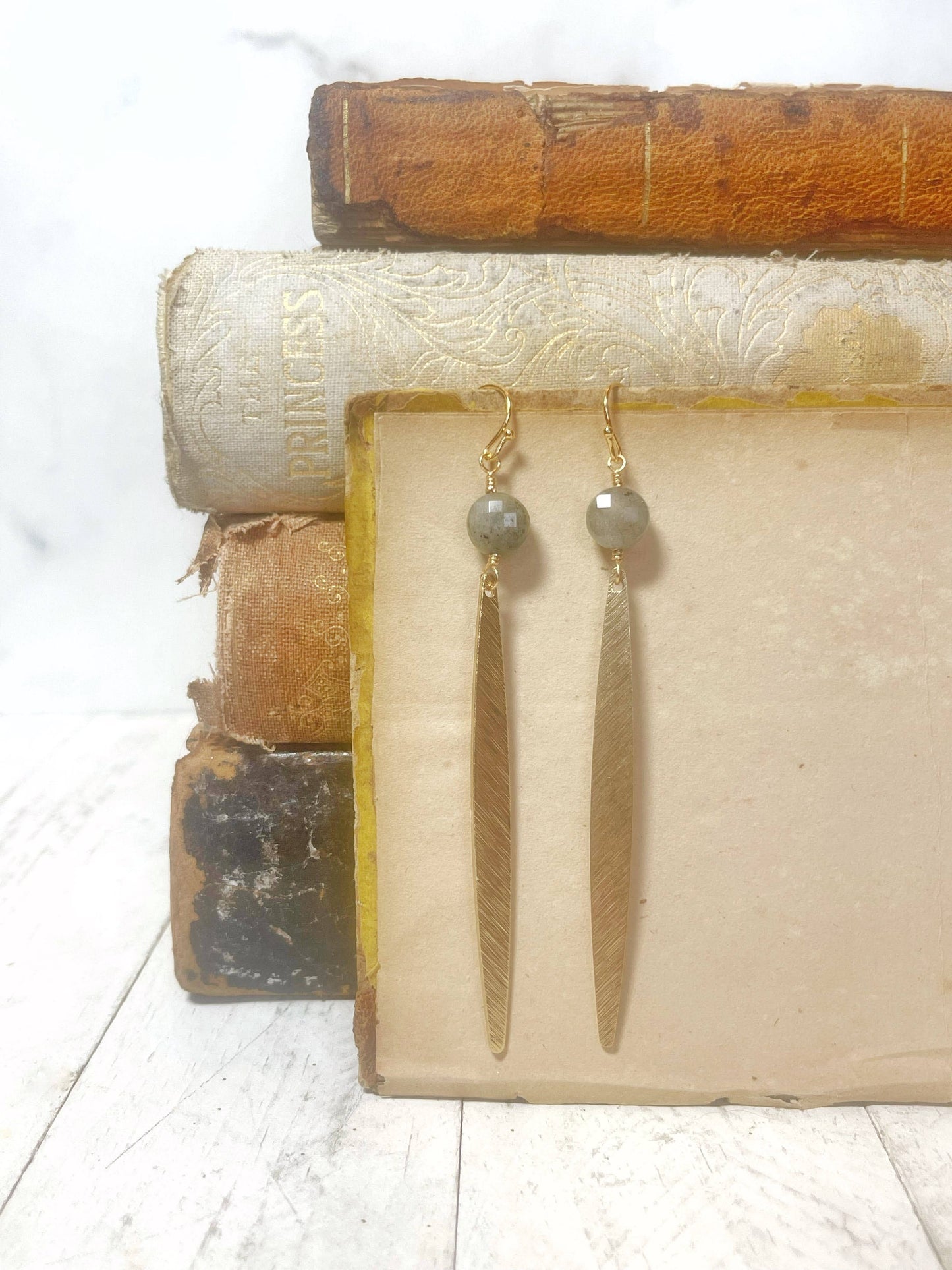 Labradorite & Gold Textured Stick Earrings