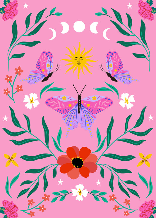 Pink Floral Celestial Moth Print