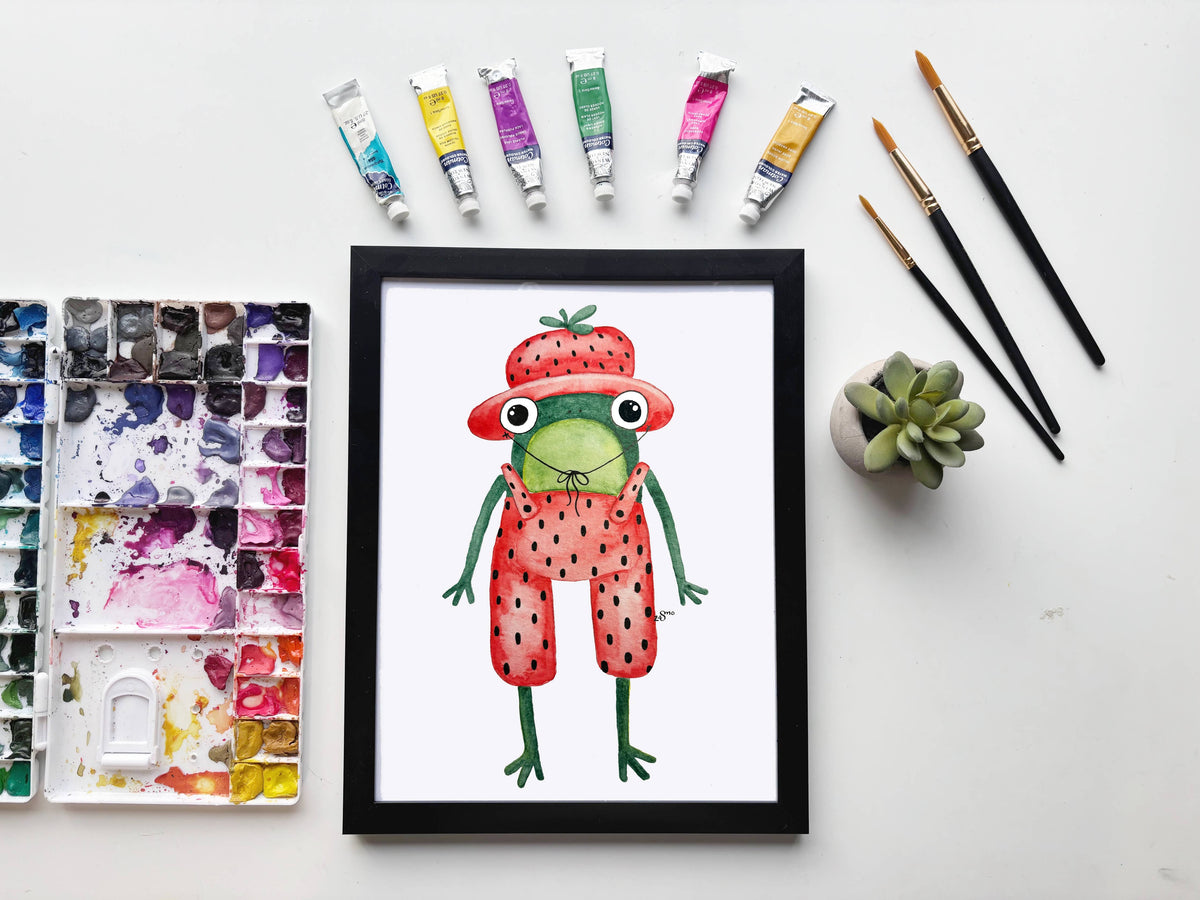 Frog in Strawberry Overalls – Watercolor Cottagecore Art Print 5x7
